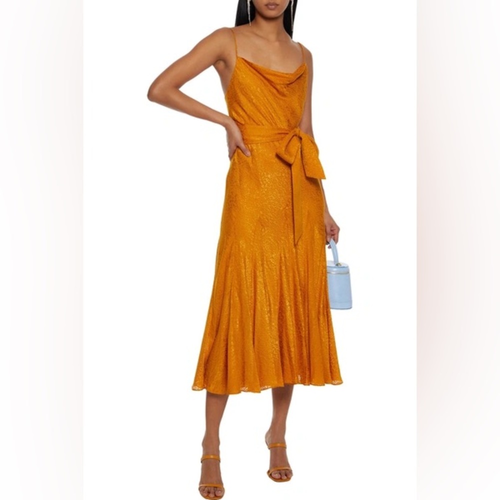 ALICE & OLIVIA WEBBER BELTED BURNOUT SATIN MIDI DRESS IN MEDIUM YELLOW
